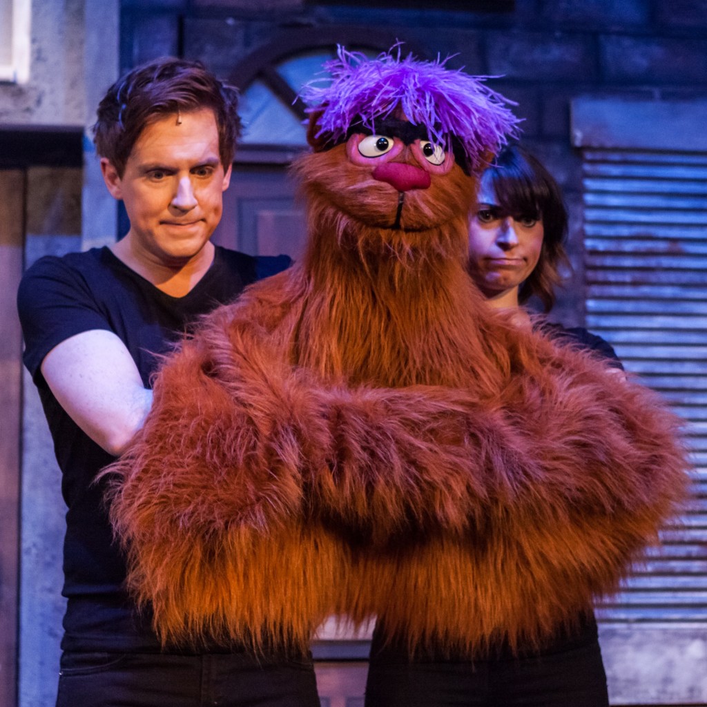 Stephen Arden and Jessica Parker as Trekkie Monster in Avenue Q. Photo Credit Darren Bell